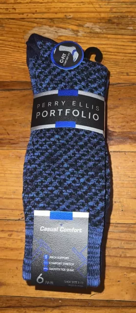 Mens 6 Pack Perry Ellis Portfolio Casual Comfort Stretch Socks Blue 7-12