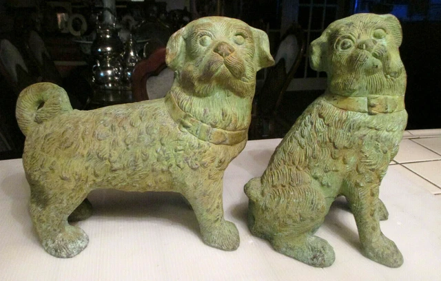 A PAIR OF ANTIQUE VINTAGE 10" "PUG" DOG CAST - GREEN PATINA Metal Statue