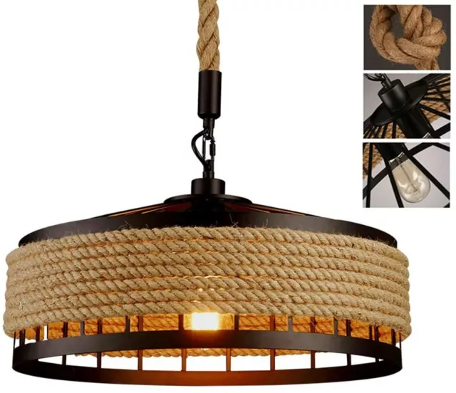 Vintage Industrial Hemp Rope Iron Pendant Ceiling Light Bases Chandeliers