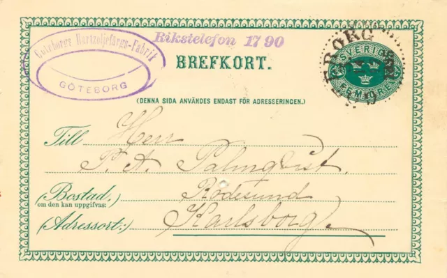 SCHWEDEN 1895, "GÖTEBORG 3." K1 glasklar a. 5 (FEM) Öre grün GA-Postkarte