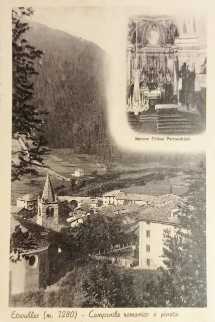 Cartolina - Etroubles ( Valle d'Aosta ) - Campanile romanico e Pineta - 1940 ca.
