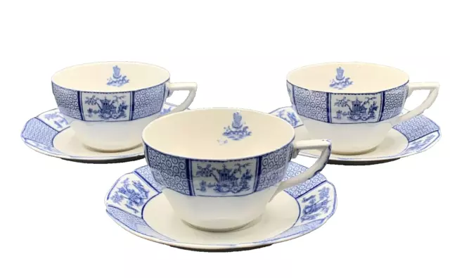 Allerton's Ltd Blue White Pavilion Cups and Saucers - Set of 3 - England - 1930s