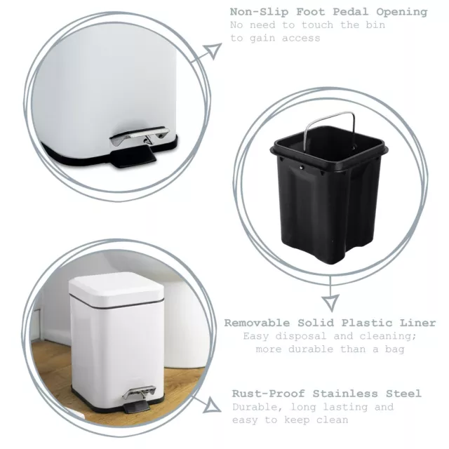 Bathroom Pedal Bin, Square Steel - Removable Inner Bucket, 3 Litre - Black 2