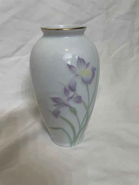 Otagiri Japan Iris spray Vase Floral Porcelain white purple green 6” textured
