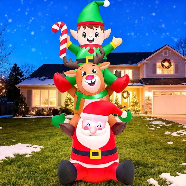 Present Stack Inflatable 6FT CHRISTMAS INFLATABLE Santa with Reindeer & Elf Stack, Blow Up Yard ...