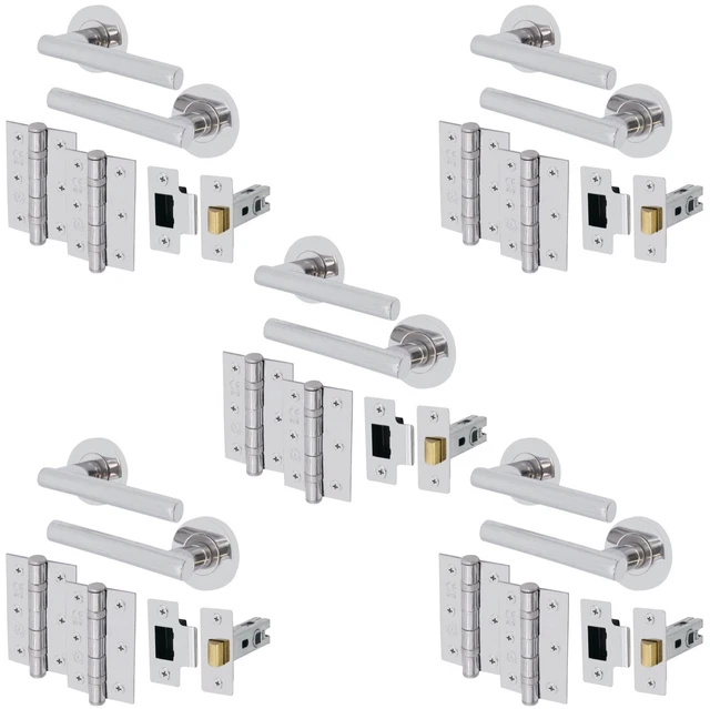 CHROME DOOR HANDLES Pack of 5 Inc 2.5" Tubular Latches 3" Ball Bearing