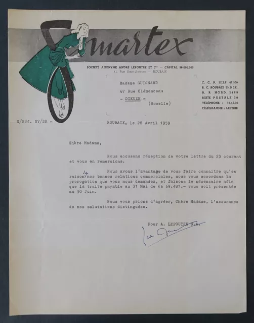 Facture ROUBAIX 1959 MARTEX LEPOUTRE  entête illustrée 44