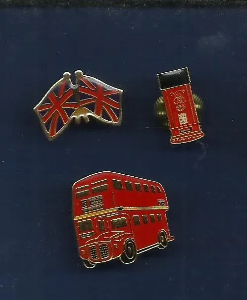 3 X Great Britain Flags Pillar Box Bus  Pin Badges