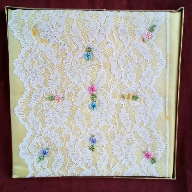 Handmade Vintage 1960s Yellow Satin & White Lace 9x9" Baby Book Album Cover