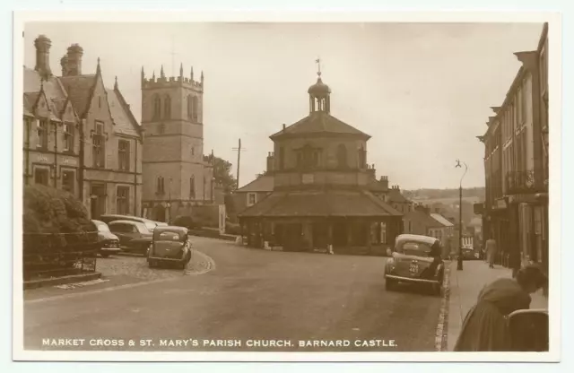 B & W RPPC of Mkt Cross & St Mary's Parish Church, Barnard Castle, County Durham