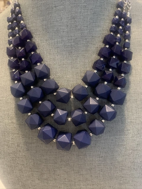 Sweet Silver Tone & Blue Bead 3 Strand Necklace Signed Charming Charlie 21"