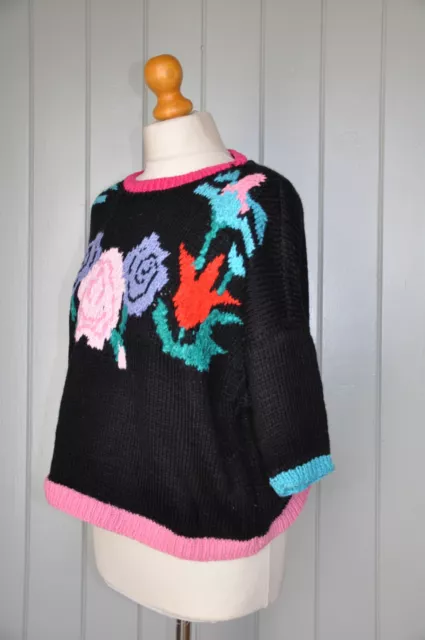 Vintage 1980’s Handknit Jumper -Black Soft Cotton -Short Sleeved-Flowers-SZ 8-10 3