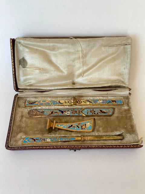 Necessaire De Bureau Bronze Cloissone Coupe Papier Cachet Porte Plume Reglette