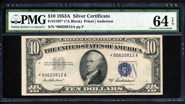 Fr.1707* 1953A $10 SILVER CERTIFICATE **STAR** PRINT SHIFT ERROR RARE PMG 64EPQ