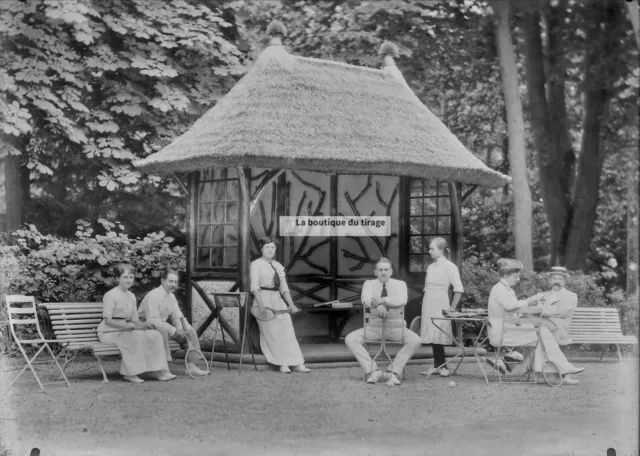 13x18cm Negative Antique Photo Glass Plate, Black & White Family Tennis