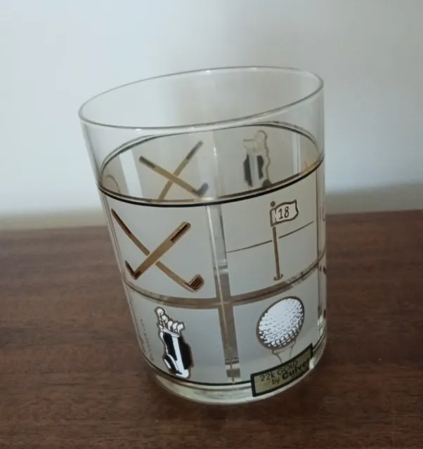 Vint MCM CULVER Golf Theme Drink Glass Cup w Black~KT Gold * Still has Sticker!