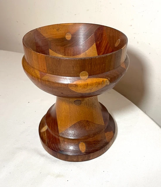 antique handmade carved Folk Art turned wooden centerpiece bowl tazza marquetry
