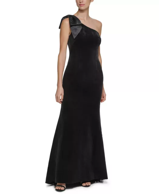 ELIZA J NWT Black Lux Velvet One Shoulder Bow Accent Gown Size 6 $188