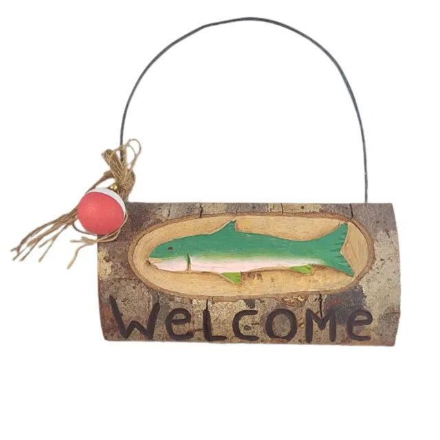 Wooden Fish Welcome Sign Lakehouse Cabin Decor Wall Door Hanging Fishing 10 In