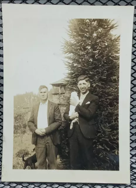 c.1930's Rabbit Men Affluent Suited Mountain Cabin Trees Small Vtg Photo 1940's