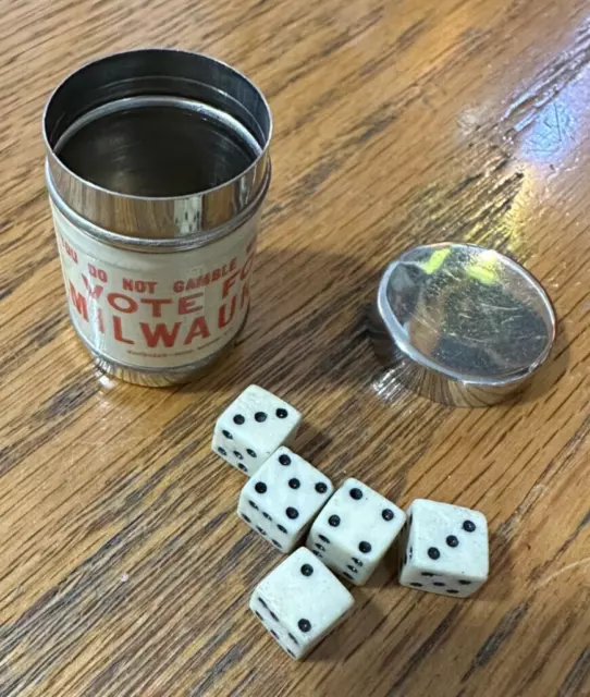 Vintage Celluloid Wrapped Advertising Dice Shaker With Dice Milwaukee, Wisconsin