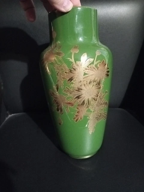 Grand Vase Amphore Gres Majolique Vert Fleurs Dorees  Sarreguemines Decor N°2273