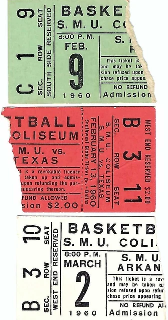 Lot of 3 1959-60 COLLEGE BASKETBALL Tickets ARKANSAS RAZORBACKS, TEXAS, SMU,RICE