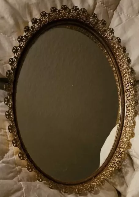 Vintage 14x10” Oval Mirror Vanity Tray  Gold Filigree Ornate Perfume Dresser