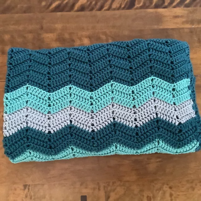 Hand Knitted Blue Chevron Stripe Baby Blanket New Baby Gift