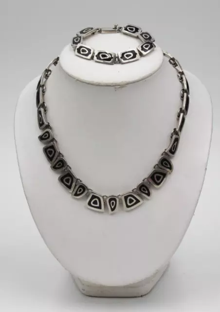 Vintage Mexican Taxco Sterling Silver & Black Enamel Necklace & Bracelet Set