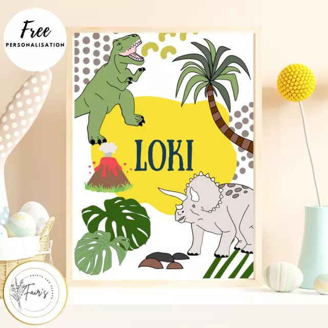 Dinosaur Nursery Art Print Kids A4 Gallery Wall Personalised Boys Bedroom Gift 