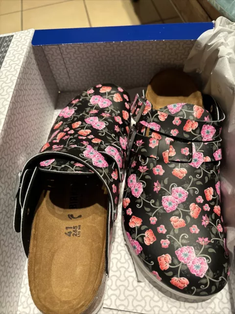 Birkenstock Clog Kay Superlauf Birko-Flor Blooming Roses Black Weite schmal 41