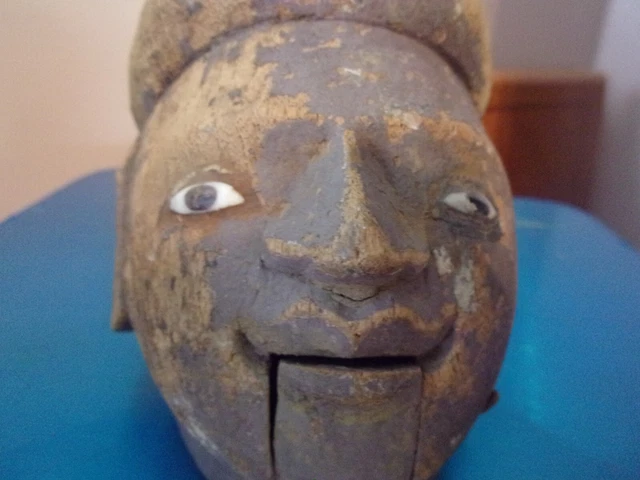 19th Century Burmese carved wooden theatre puppet head, hinged