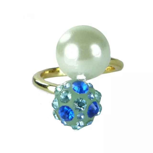 bague plaqué or originale cristal Swarovski bleu boule et perle nacrée blanche