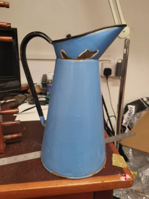 Vintage Large blue & Black Enamel Water Jug Country Kitchen Interior Flower Vase