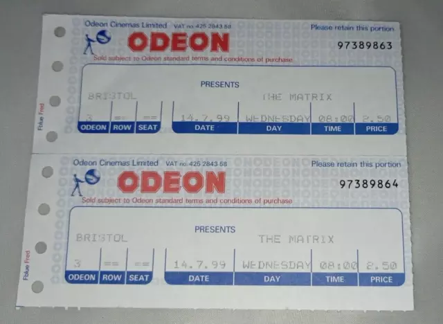 THE MATRIX Film -  Cinema Movie Ticket Stubs Odeon Bristol UK 1999 Vintage Rare