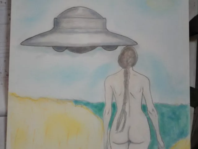 Female nude figure drawing pencil pastel UFO artist Jerome Cadd Flying saucer