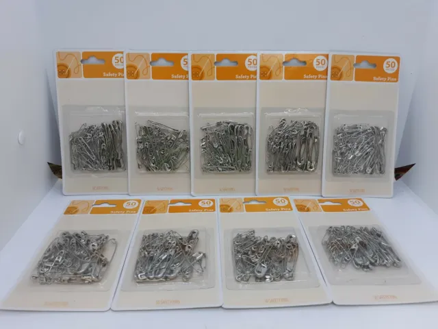 9 Packs Silver Safety Pins Various Sizes ~ 450 Safety Pins Total
