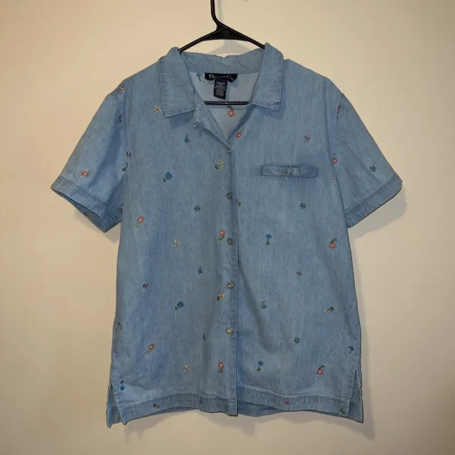Denim and Co Short Sleeve Collar Button Up Flower Shirt Size Medium