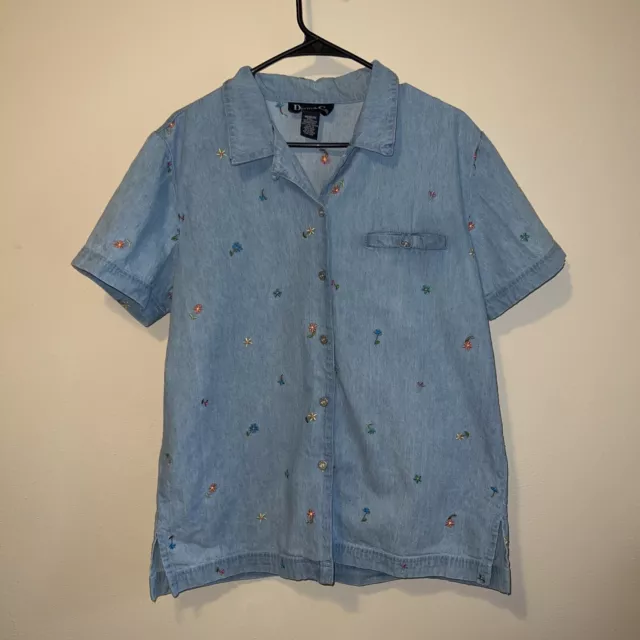 Denim and Co Short Sleeve Collar Button Up Flower Shirt Size Medium