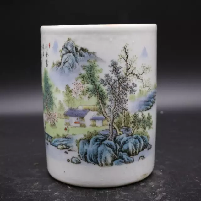 Chinese Porcelain Republic Of China Famille Rose Landscape Brush Pots 5.31 Inch