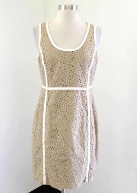 Michael Kors Tan Floral Lace White Trim Sheath Dress Size 8 Sleeveless