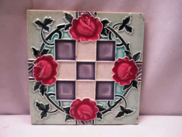 Antique Tile Art Nouveau Majolica Porcelain Floral H&R Johnson England Old"703