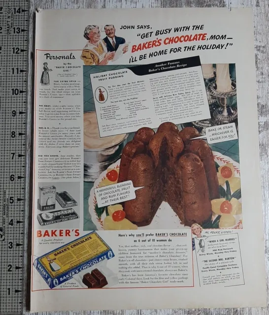 1941 Baker's Chocolate Vintage Print Ad Cake Pudding Cocoa Recipe Dessert Baking