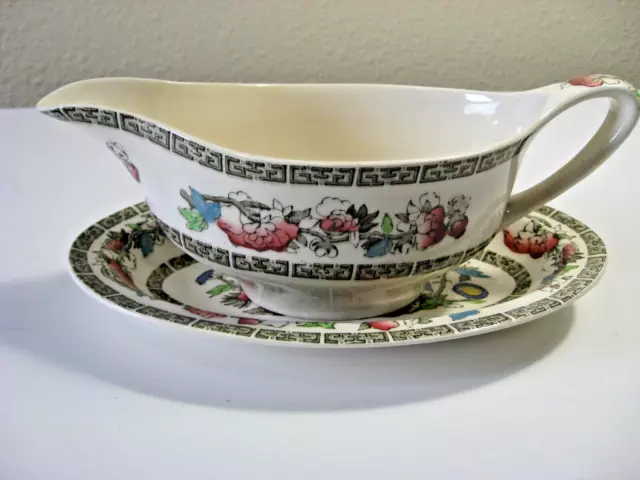 VTG Johnson Bros England INDIAN TREE Gravy Boat & Saucer Set Ironstone