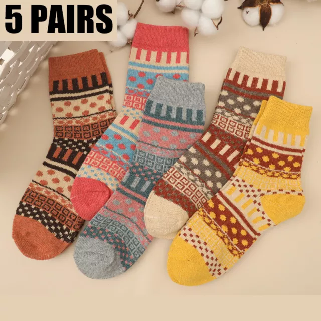 5 Pairs Womens Cozy Socks Wool Thermal Warm Knitting Nordic Ladies Socks Winter 2