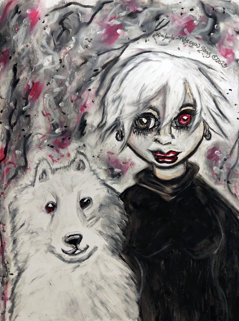 GHOUL and her DOG ACEO PRINT Mini Art Card 2.5 X 3.5 KSAMS Samoyed Anime Girl