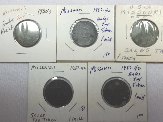 5 Lot...MISSOURI '1' ZINC SALES TAX TOKEN 1930s  TC#89079 ask4bud