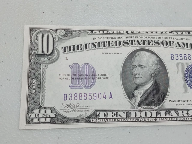 "888" Better Grade 1934 C $10 Ten Dollar Silver Certificate Note Blue Seal, A80 2
