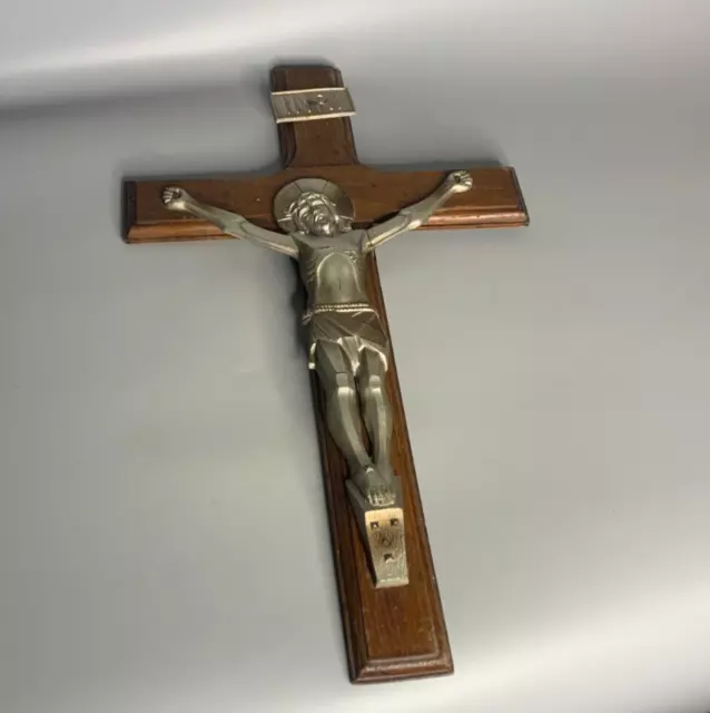 French Antique Large wood & metal crucifix wall hanging religious cross Prayers